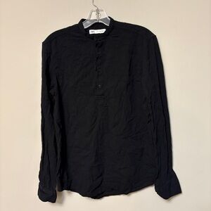 Zara Slim Fit Band Collar Shirt Black 100% Cotton Casual Long Sleeve Sz Small
